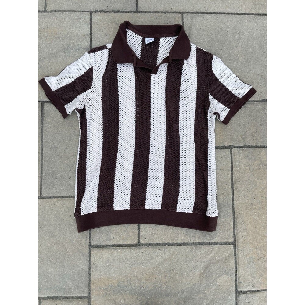Zara Men’s Polo Shirt Sweater Knitted Brown/Creme Striped Size Large